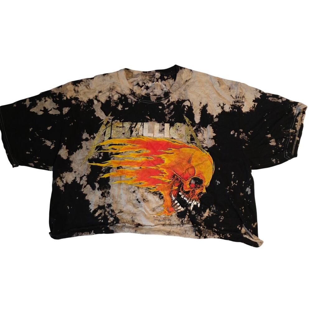 Metallica Flaming Skull Bleach Tie Dye Crop Top T-Shirt Large Pushead